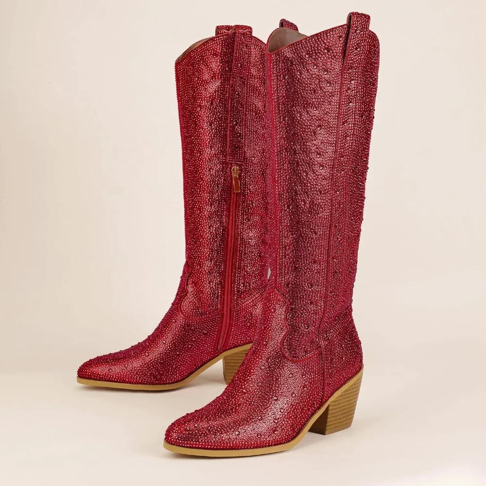 Women's Red Rhinestone Cowboy Boot Knee High Western Cowgirl Boots Pointed Toe